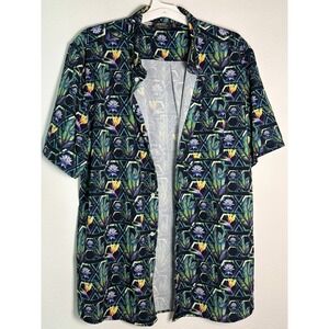 WeSC Mens XL Tropical Floral Geometric Short Sleeve Button Down Shirt Navy Blue